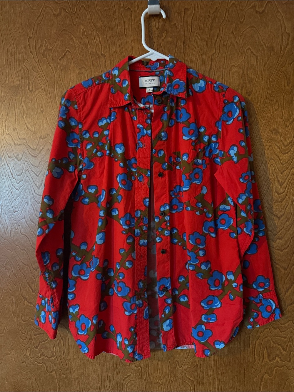 J. Crew Red Button-Down Shirt with Blue Floral Print